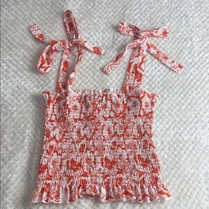 SHEIN Orange and White Floral Smocked Camisole with Tie shoulder Straps Size L